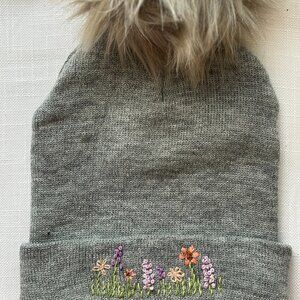 Women's Hand Embroidered Gray Knit Beanie with Pom Pom Never been worn